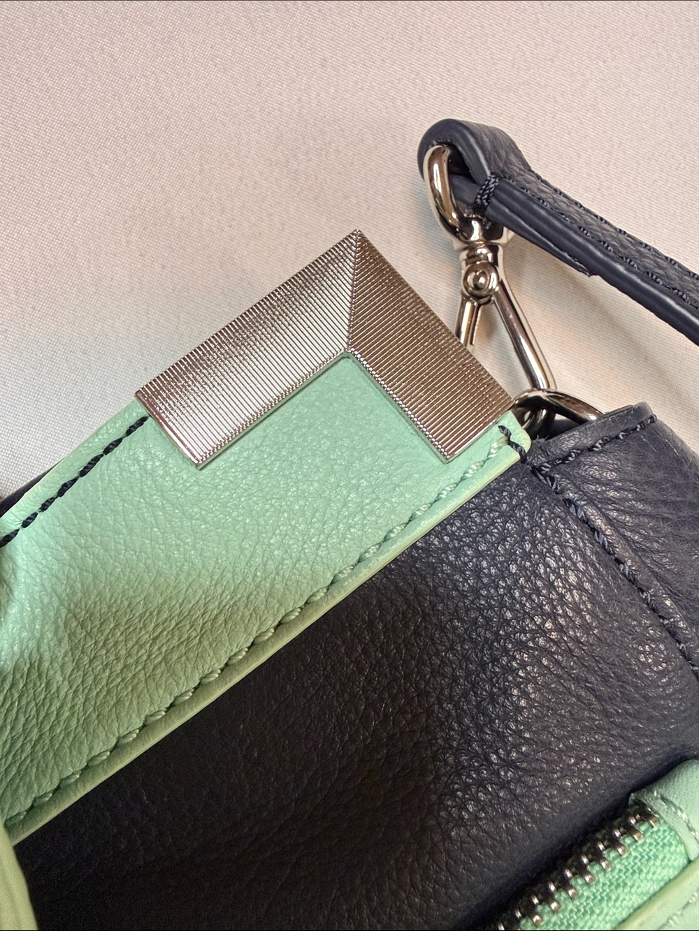 B Makowsky Mint and Navy Leather Top-Handle Satchel - Picture 5 of 8